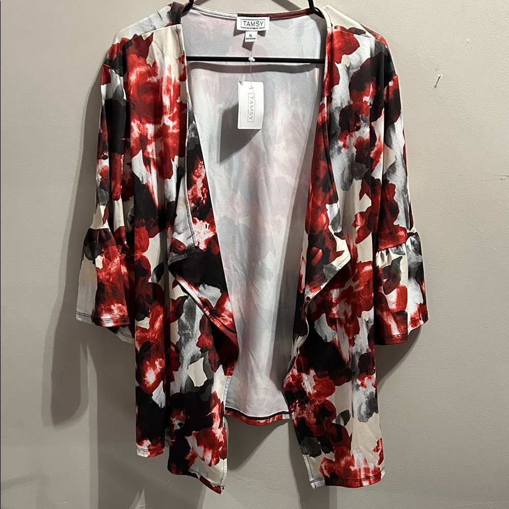 Women's Floral Open-Front Cardigan - Red, Black, and White